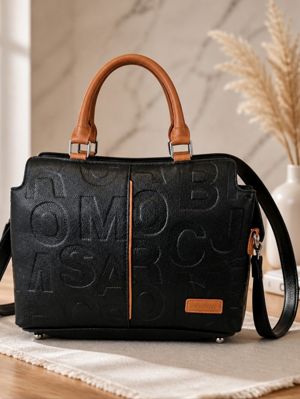 Vegan Leather-Textured Black and Tan Bag